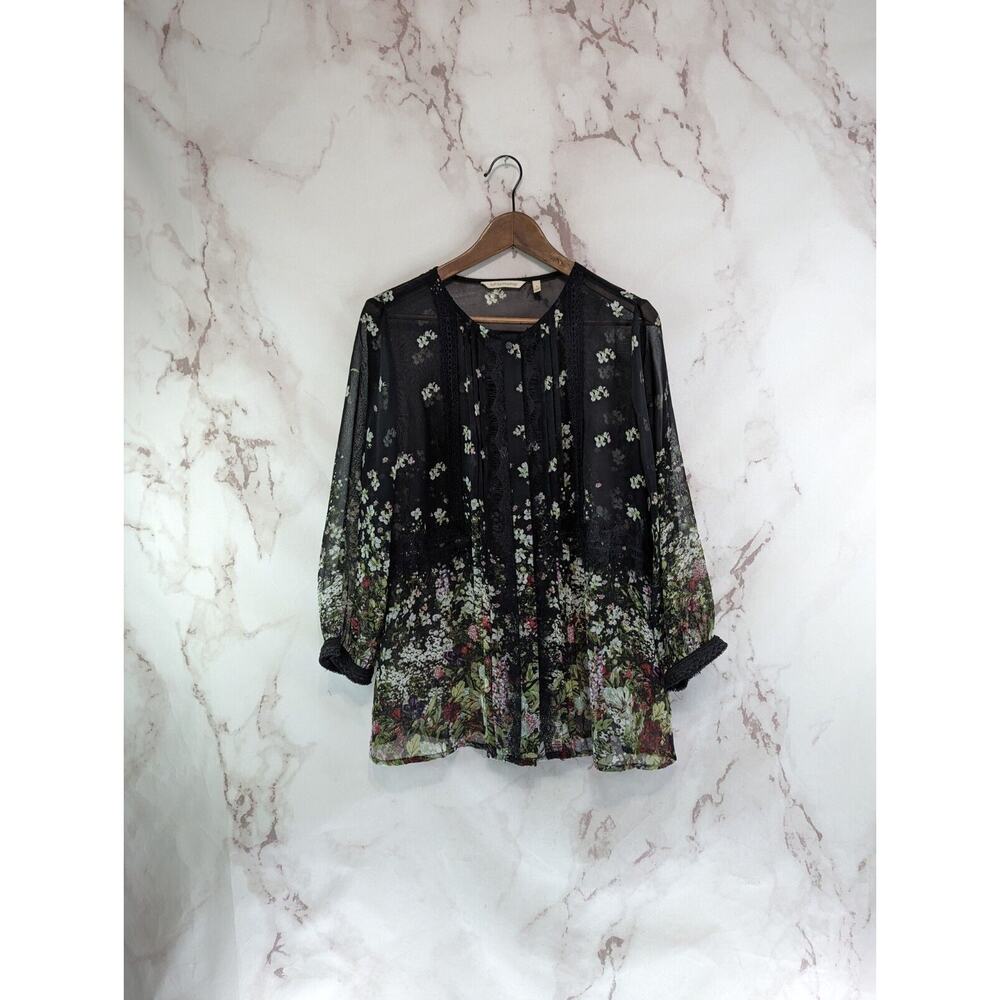Soft Surroundings Shirt Women Large Black Blouse Floral Lace Button Front Long